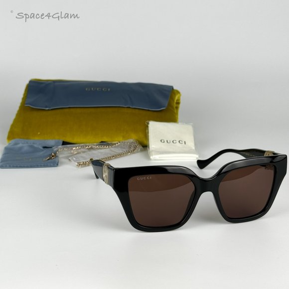NEW Gucci GG1023S 005 Black Brown Square Chain Women Sunglasses - Picture 1 of 9